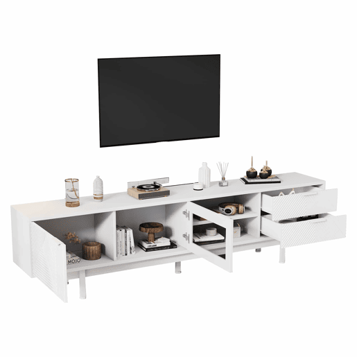 Móvel de TV 200x40x50,5 cm - Lowboard com 2 portas e 2 gavetas, suporte para TV com grande capacidade de armazenamento - Branco Móvel de TV 200x40x50,5 cm - Lowboard com 2 portas e 2 gavetas, suporte para TV com grande capacidade de armazenamento - Branco