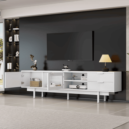Móvel de TV 200x40x50,5 cm - Lowboard com 2 portas e 2 gavetas, suporte para TV com grande capacidade de armazenamento - Branco Móvel de TV 200x40x50,5 cm - Lowboard com 2 portas e 2 gavetas, suporte para TV com grande capacidade de armazenamento - Branco