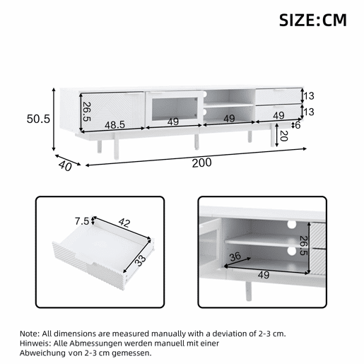 Móvel de TV 200x40x50,5 cm - Lowboard com 2 portas e 2 gavetas, suporte para TV com grande capacidade de armazenamento - Branco Móvel de TV 200x40x50,5 cm - Lowboard com 2 portas e 2 gavetas, suporte para TV com grande capacidade de armazenamento - Branco