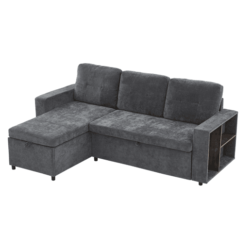 Chaise longue 3 lugares fixa reversível de tecido com armazenamento,cinza