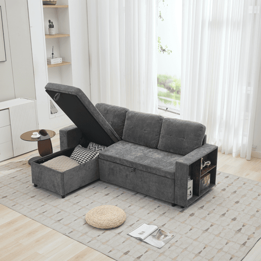 Chaise longue 3 lugares fixa reversível de tecido com armazenamento,cinza