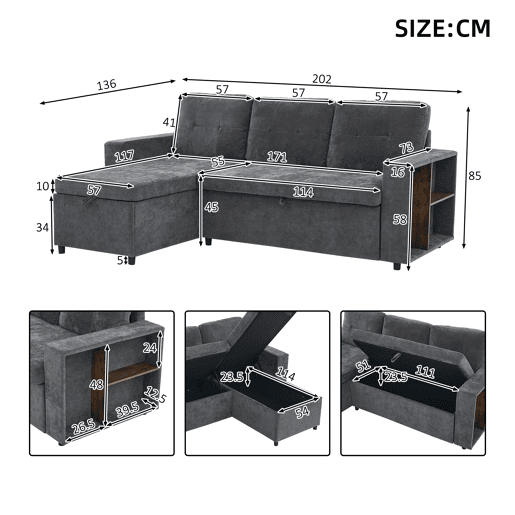 Chaise longue 3 lugares fixa reversível de tecido com armazenamento,cinza