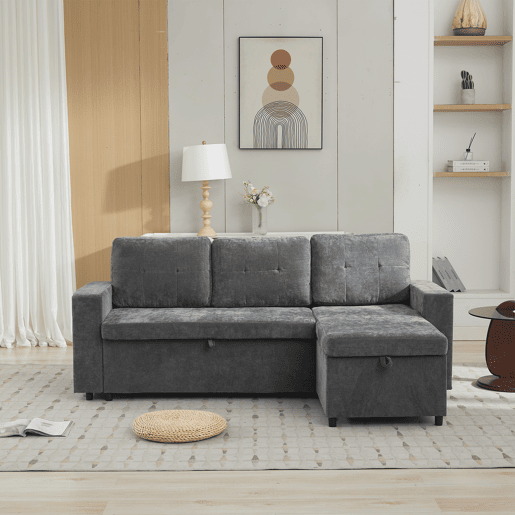 Chaise longue 3 lugares fixa reversível de tecido com armazenamento,cinza