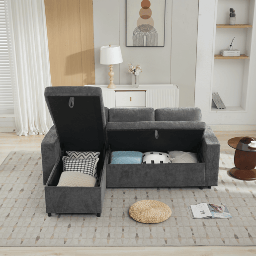 Chaise longue 3 lugares fixa reversível de tecido com armazenamento,cinza