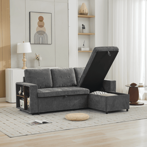Chaise longue 3 lugares fixa reversível de tecido com armazenamento,cinza