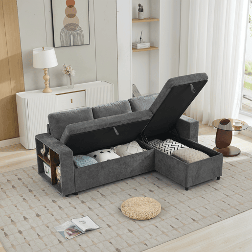 Chaise longue 3 lugares fixa reversível de tecido com armazenamento,cinza