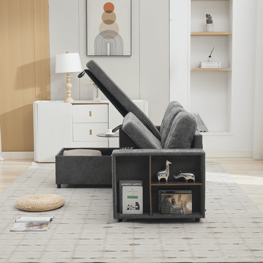Chaise longue 3 lugares fixa reversível de tecido com armazenamento,cinza