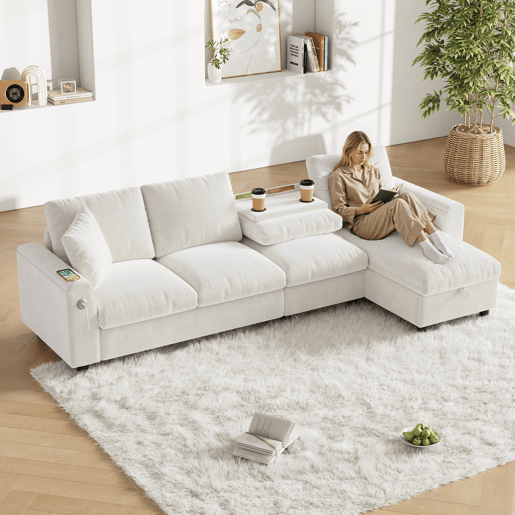 Chaise longue 4 lugares fixa reversÃvel de tecido com armazenamento,bege Chaise longue 4 lugares fixa reversÃvel de tecido com armazenamento,bege