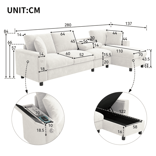 Chaise longue 4 lugares fixa reversÃvel de tecido com armazenamento,bege Chaise longue 4 lugares fixa reversÃvel de tecido com armazenamento,bege