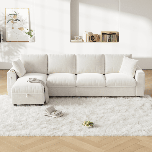 Chaise longue 4 lugares fixa reversÃvel de tecido com armazenamento,bege Chaise longue 4 lugares fixa reversÃvel de tecido com armazenamento,bege