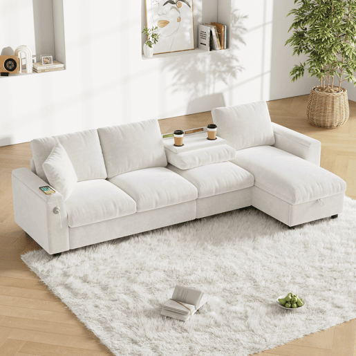 Chaise longue 4 lugares fixa reversÃvel de tecido com armazenamento,bege Chaise longue 4 lugares fixa reversÃvel de tecido com armazenamento,bege