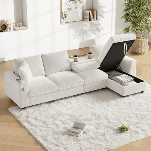 Chaise longue 4 lugares fixa reversÃvel de tecido com armazenamento,bege Chaise longue 4 lugares fixa reversÃvel de tecido com armazenamento,bege