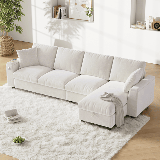 Chaise longue 4 lugares fixa reversÃvel de tecido com armazenamento,bege Chaise longue 4 lugares fixa reversÃvel de tecido com armazenamento,bege