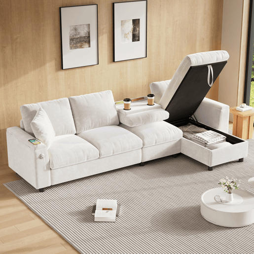 Chaise longue 4 lugares fixa reversÃvel de tecido com armazenamento,bege Chaise longue 4 lugares fixa reversÃvel de tecido com armazenamento,bege