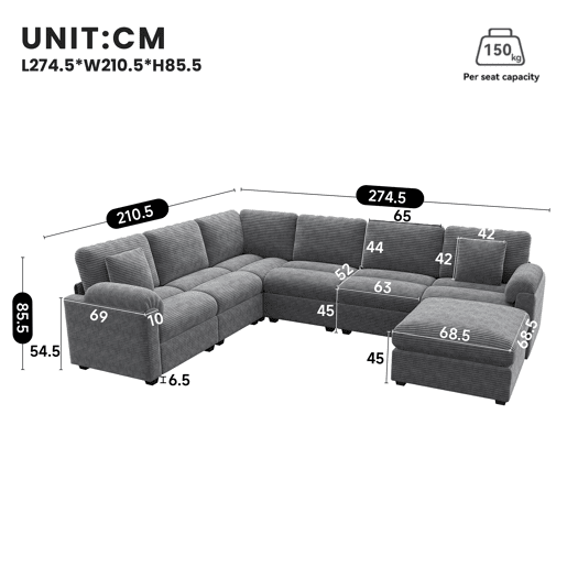 Sofá modular 7 lugares fixa panorâmico de tecido,cinza Sofá modular 7 lugares fixa panorâmico de tecido,cinza