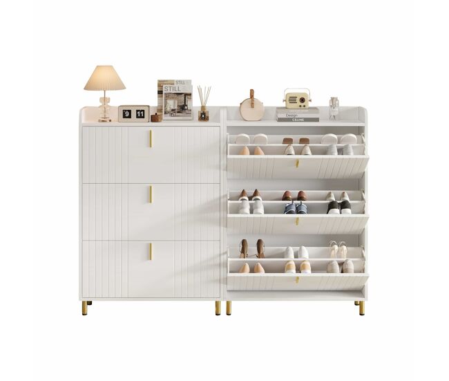 Zapatero estrecho 80x23,5x123,5 cm - 2 armarios con 3 puertas, 6 compartimentos, ajustable, con sistema antivuelco - blanco
