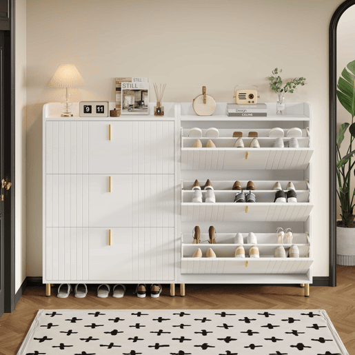 Sapateira estreita 80x23,5x123,5 cm - 2 armários com 3 portas, 6 compartimentos, ajustável, com sistema antivolteio - Branco Sapateira estreita 80x23,5x123,5 cm - 2 armários com 3 portas, 6 compartimentos, ajustável, com sistema antivolteio - Branco