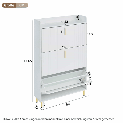 Sapateira estreita 80x23,5x123,5 cm - 2 armários com 3 portas, 6 compartimentos, ajustável, com sistema antivolteio - Branco Sapateira estreita 80x23,5x123,5 cm - 2 armários com 3 portas, 6 compartimentos, ajustável, com sistema antivolteio - Branco