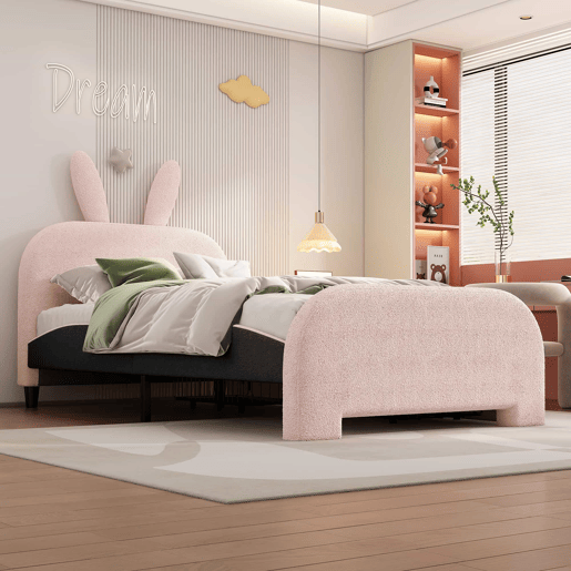 Cama de criança 90x200 cm com 2 gavetas - cabeceira em forma de coelho - Rosa