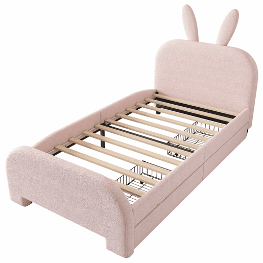 Cama de criança 90x200 cm com 2 gavetas - cabeceira em forma de coelho - Rosa