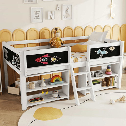 Cama de criança 90x200cm em madeira maciça - várias prateleiras - Branco (colchão não incluído)
