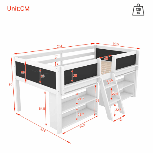 Cama de criança 90x200cm em madeira maciça - várias prateleiras - Branco (colchão não incluído)