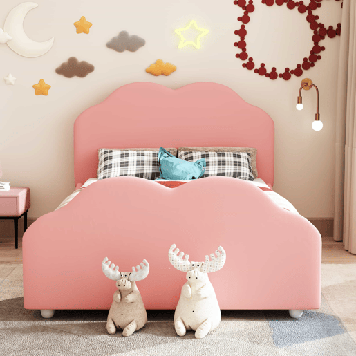 Cama de criança estofada em veludo - 90x200 cm - com cabeceira em forma de nuvem + estrado de molas - Rosa Cama de criança estofada em veludo - 90x200 cm - com cabeceira em forma de nuvem + estrado de molas - Rosa
