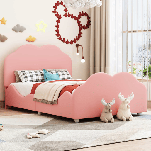 Cama de criança estofada em veludo - 90x200 cm - com cabeceira em forma de nuvem + estrado de molas - Rosa Cama de criança estofada em veludo - 90x200 cm - com cabeceira em forma de nuvem + estrado de molas - Rosa