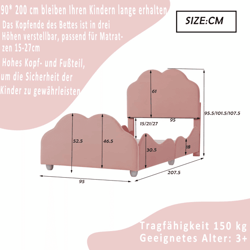 Cama de criança estofada em veludo - 90x200 cm - com cabeceira em forma de nuvem + estrado de molas - Rosa Cama de criança estofada em veludo - 90x200 cm - com cabeceira em forma de nuvem + estrado de molas - Rosa