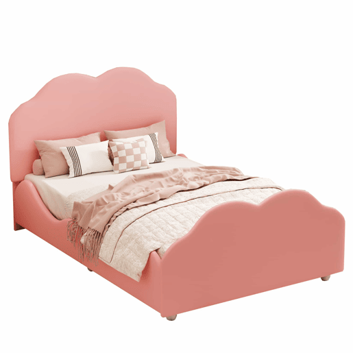 Cama de criança estofada em veludo - 90x200 cm - com cabeceira em forma de nuvem + estrado de molas - Rosa Cama de criança estofada em veludo - 90x200 cm - com cabeceira em forma de nuvem + estrado de molas - Rosa