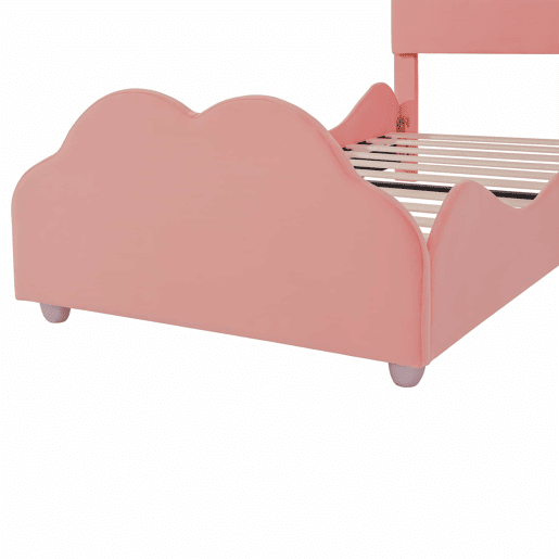 Cama de criança estofada em veludo - 90x200 cm - com cabeceira em forma de nuvem + estrado de molas - Rosa Cama de criança estofada em veludo - 90x200 cm - com cabeceira em forma de nuvem + estrado de molas - Rosa