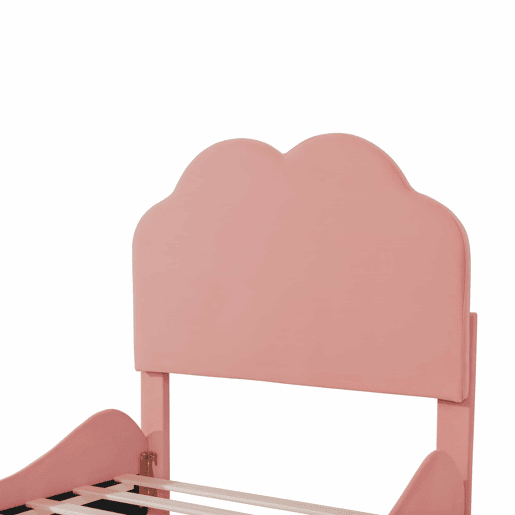Cama de criança estofada em veludo - 90x200 cm - com cabeceira em forma de nuvem + estrado de molas - Rosa Cama de criança estofada em veludo - 90x200 cm - com cabeceira em forma de nuvem + estrado de molas - Rosa