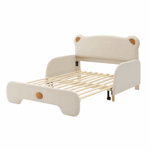 Cama de criança estofada em veludo 140x200 cm - cama de rodízio com cabeceira em forma de urso e estrado de ripas - Bege
