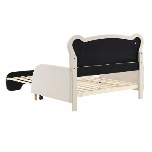 Cama de criança estofada em veludo 140x200 cm - cama de rodízio com cabeceira em forma de urso e estrado de ripas - Bege
