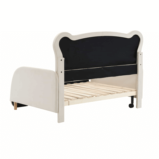 Cama de criança estofada em veludo 140x200 cm - cama de rodízio com cabeceira em forma de urso e estrado de ripas - Bege