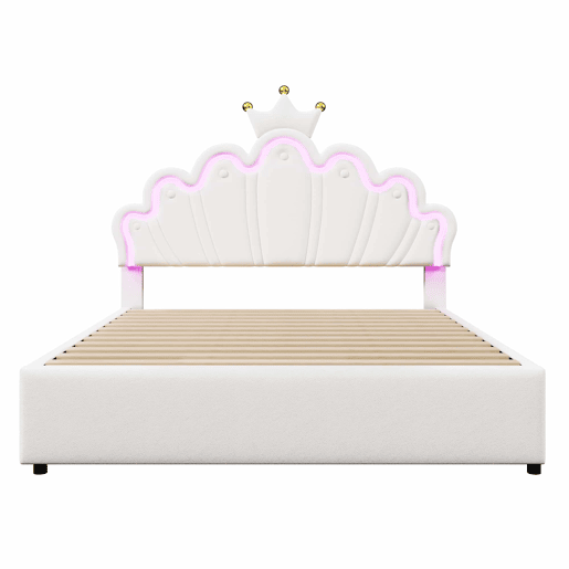 Cama estofada 140x200 cm - luz LED, 2 gavetas, cabeceira ajustável, coroa - branco
