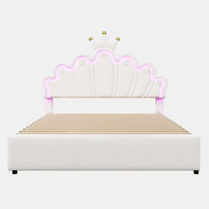 Cama estofada 140x200 cm - luz LED, 2 gavetas, cabeceira ajustável, coroa - branco