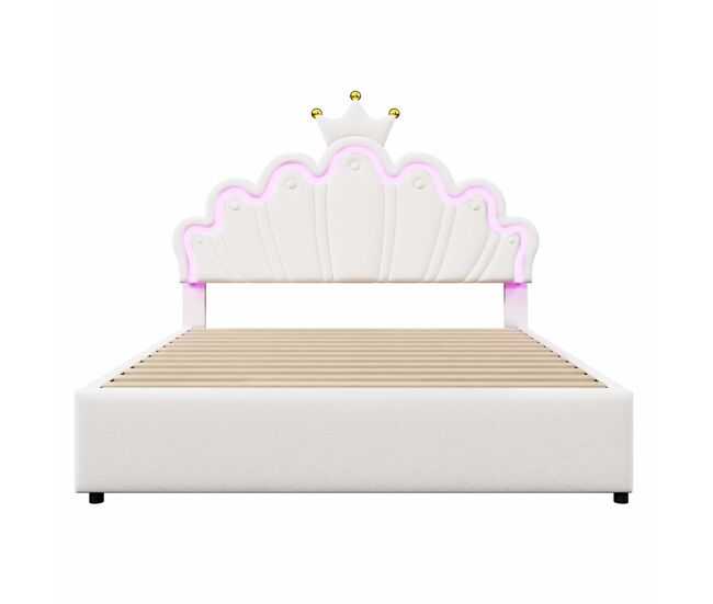 Cama tapizada 140x200 cm - luz led, 2 cajones, cabecero regulable, corona - blanco