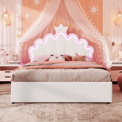Cama estofada 140x200 cm - luz LED, 2 gavetas, cabeceira ajustável, coroa - branco