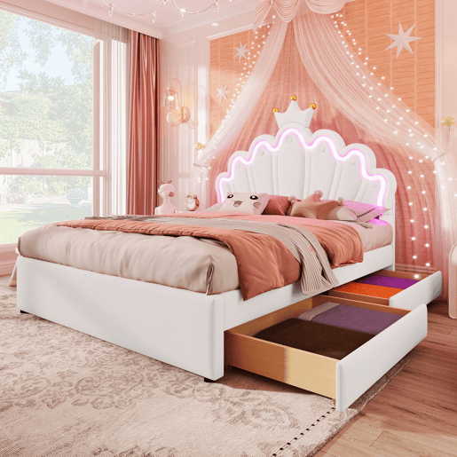 Cama estofada 140x200 cm - luz LED, 2 gavetas, cabeceira ajustável, coroa - branco