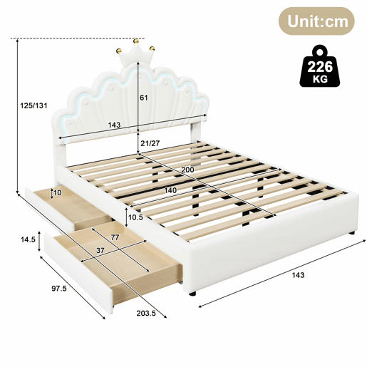 Cama estofada 140x200 cm - luz LED, 2 gavetas, cabeceira ajustável, coroa - branco