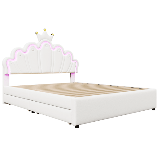 Cama estofada 140x200 cm - luz LED, 2 gavetas, cabeceira ajustável, coroa - branco