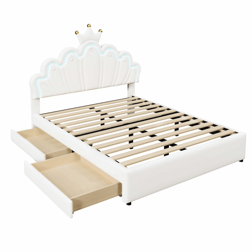 Cama estofada 140x200 cm - luz LED, 2 gavetas, cabeceira ajustável, coroa - branco