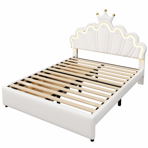 Cama estofada 140x200 cm - luz LED, 2 gavetas, cabeceira ajustável, coroa - branco