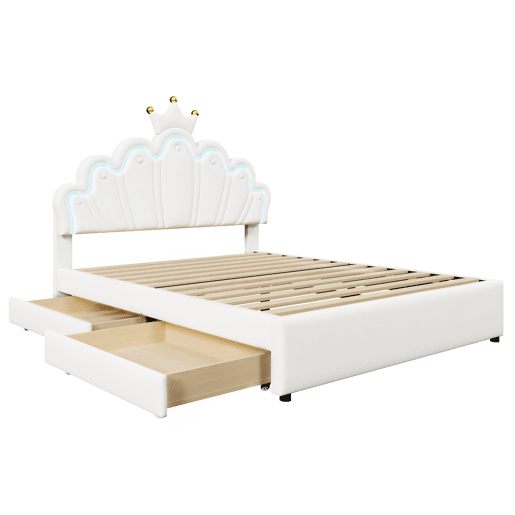 Cama estofada 140x200 cm - luz LED, 2 gavetas, cabeceira ajustável, coroa - branco