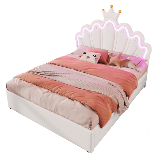 Cama estofada 140x200 cm - luz LED, 2 gavetas, cabeceira ajustável, coroa - branco