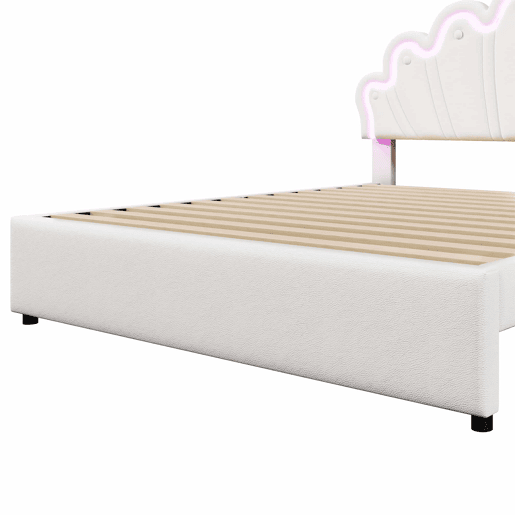 Cama estofada 140x200 cm - luz LED, 2 gavetas, cabeceira ajustável, coroa - branco