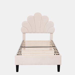 Cama individual estofada em veludo - 90x200cm - cabeceira em forma de flor - com estrado - Bege