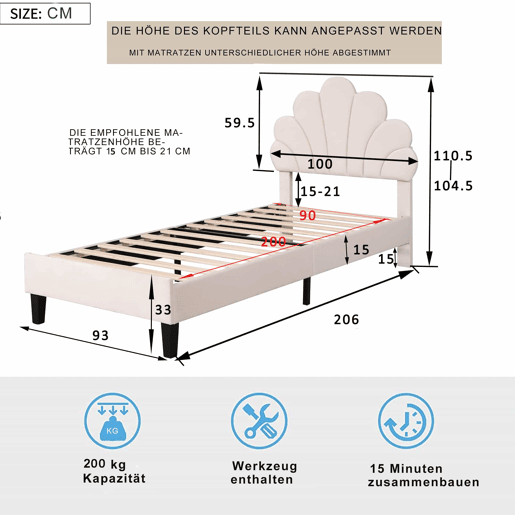 Cama individual estofada em veludo - 90x200cm - cabeceira em forma de flor - com estrado - Bege
