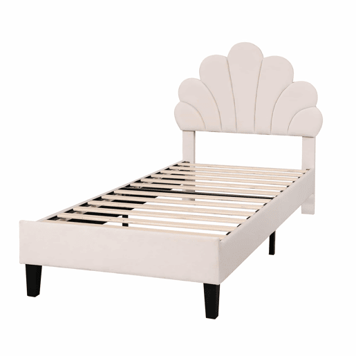 Cama individual estofada em veludo - 90x200cm - cabeceira em forma de flor - com estrado - Bege